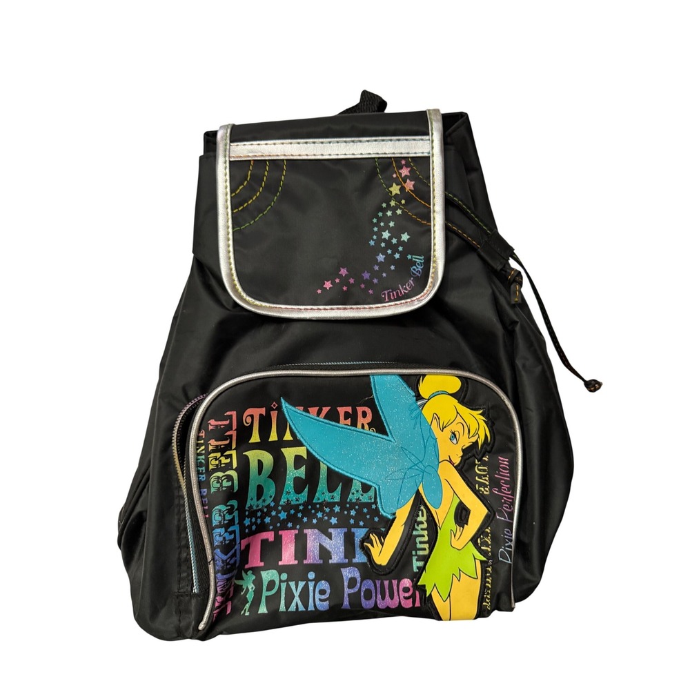 Disney Tinker Bell Pixie Power Black Bag Backpack nylon Glitter‎ Adjustable